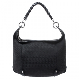 Pre Owned Fendi Black Zucchino Canvas Braided Handle Hobo