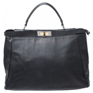 Pre Owned Fendi Black Leather Large Peekaboo Top Handle Bag