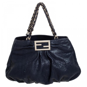 Pre Owned Fendi Navy Blue Pebbled Leather Large Mia Shoulder Bag