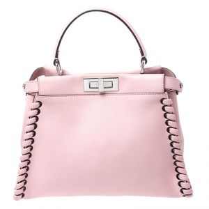 Pre Owned Fendi Pink Leather Medium Whipstitched Peekaboo Top Handle Bag