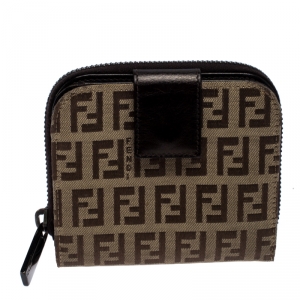 Pre Owned  Fendi Brown/Beige Zucchino Canvas Zip Around Compact Wallet 