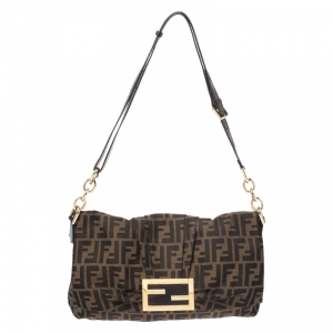 Pre Owned Fendi Tobacco Zucca Canvas and Patent Leather Mia Flap Bag