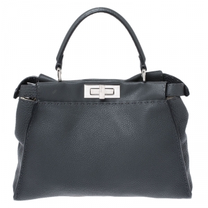 Pre Owned Fendi Grey Selleria Leather Medium Peekaboo Top Handle Bag