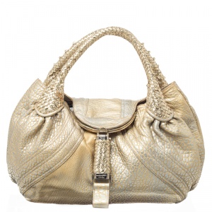 Pre Owned Fendi Gold Holographic Textured Leather Spy Bag