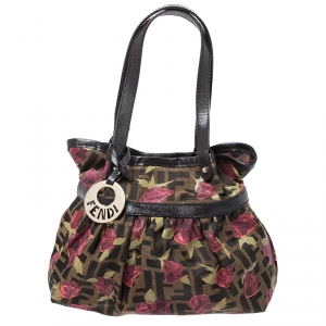 Pre Owned Fendi Brown/Pink Zucca Rose Print Canvas and Leather Mini Mare Bag 