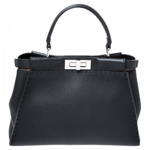 Pre Owned Fendi Black Selleria Leather Medium Peekaboo Top Handle Bag