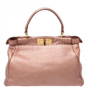 Pre Owned Fendi Metallic Pink Seleria Leather Medium Made To Order Peekaboo Top Handle Bag