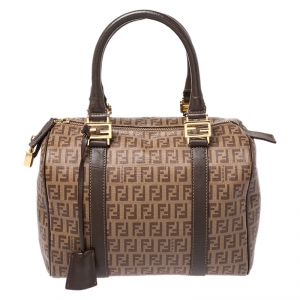 Fendi Brown Zucchino Coated Canvas Small Forever Bauletto Boston Bag