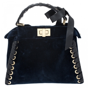 Pre Owned Fendi Dark Blue Velvet Mini Whip Stitched Peekaboo Top Handle Bag