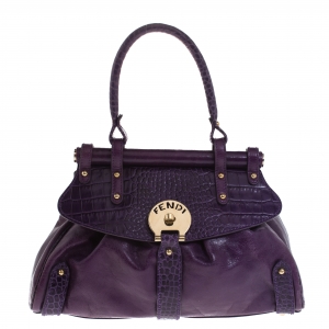 Pre Owned Fendi Purple Embossed Leather Magic Top Handle Bag