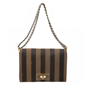 Pre Owned Fendi Tobacco Canvas Large Pequin Stripe Claudia Shoulder Bag