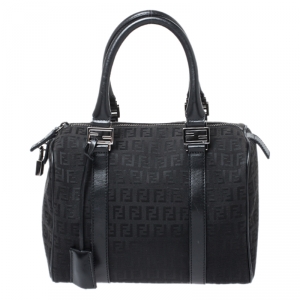 Pre Owned Fendi Black Zucchino Canvas and Patent Leather Bauletto Bowler Bag