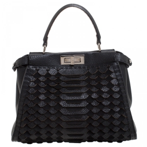 Pre Owned Fendi Black Lasercut Selleria Leather Small Peekaboo Top Handle Bag