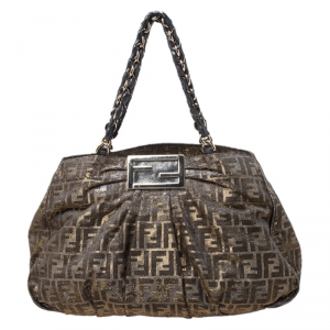 Pre Owned Fendi Metallic Gold Zucca Canvas Large Mia Shoulder Bag