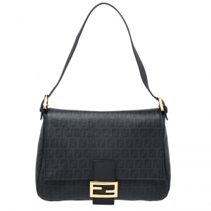 Pre Owned Fendi Black Zucchino Canvas and Leather Mama Forever Shoulder Bag