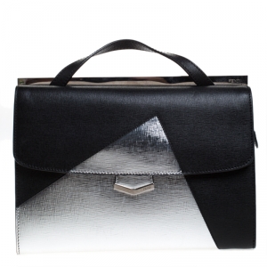 Pre Owned Fendi Black/Silver Textured Leather Small Demi Jour Top Handle Bag