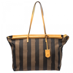 Pre Owned Fendi Tobacco/Brown Pequin Striped Canvas and Leather Tote