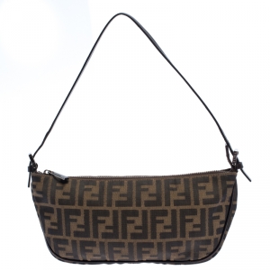 Pre Owned Fendi Tobacco Zucca Canvas and Leather Pochette Bag
