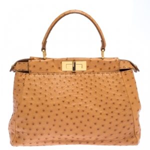 Pre Owned Fendi Tan Ostrich Medium Peekaboo Top Handle Bag