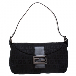 Pre Owned Fendi Black Zucchino Canvas and Leather Mama Baguette Bag