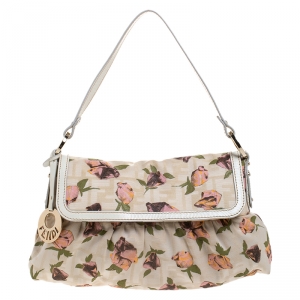 Pre Owned Fendi Beige Floral Print Zucca Canvas and Leather Chef Shoulder Bag
