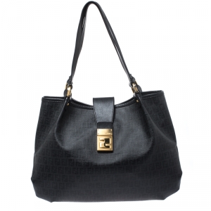 Pre Owned Fendi Black Zucchino Coated Canvas and Leather Chiusura Tote