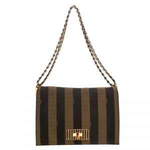 Pre Owned Fendi Tobacco Canvas Large Pequin Stripe Claudia Shoulder Bag