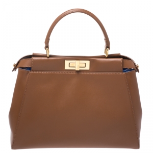 Pre Owned Fendi Brown Leather Medium Peekaboo Top Handle Bag
