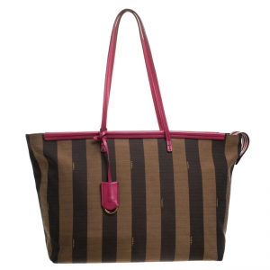 Pre Owned Fendi Tobacco/Magenta Pequin Canvas and Leather Roll Tote