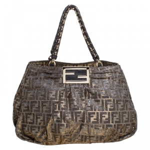 Pre Owned Fendi Gold/Brown Zucca Print Shimmer Canvas Mia Large Shoulder Bag