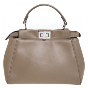 Pre Owned Fendi Beige Leather Mini Peekaboo Top Handle Bag