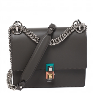 Pre Owned Fendi Dark Grey Leather Small Kan I Shoulder Bag