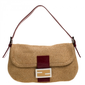 Pre Owned Fendi Beige/Burgundy Raffia and Leather Mama Baguette Bag