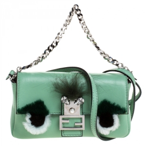 Fendi Green Leather and Fur Trim Micro Buggie Baguette Shoulder Bag