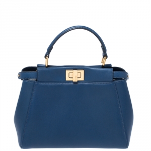 Pre Owned Fendi Blue Leather Mini Peekaboo Top Handle Bag