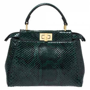 Pre Owned Fendi Green Python Mini Peekaboo Top Handle Bag