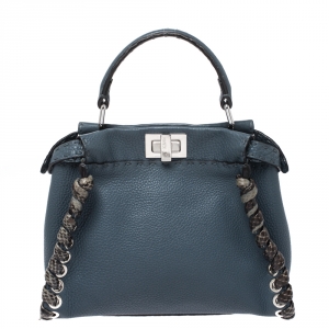 Pre Owned Fendi Blue Selleria Leather and Python Mini Peekaboo Top Handle Bag