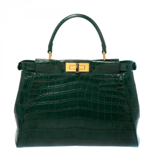 Pre Owned Fendi Green Crocodile Medium Peekaboo Top Handle Bag