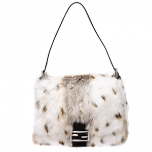 Pre Owned Fendi White/Brown Rabbit Fur and Leather Baguette Bag