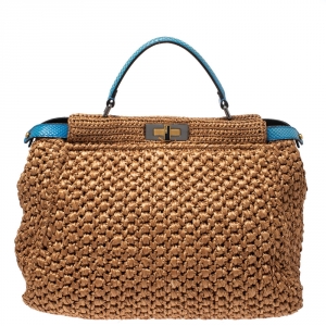 Pre Owned Fendi Light Brown/Blue Rafia and Snakeskin Trim Large Peekaboo Top Handle Bag
