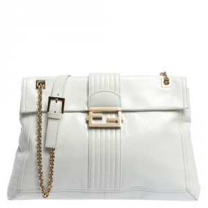 Fendi White Leather Maxi Baguette Flap Shoulder Bag