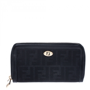 Pre Owned Fendi Black Zucca  Canvas and Leather Zip Around Continental Wallet