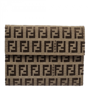 Pre Owned Fendi Beige Zucchino Canvas Trifold Compact Wallet