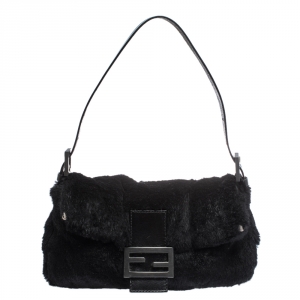 Pre Owned Fendi Black Fur Mamma Baguette Bag