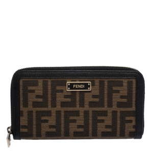 Pre Owned Fendi Brown/Black Zucca Canvas and Leather Zip Around Wallet