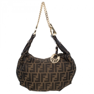 Pre Owned Fendi Brown Zucca Canvas and Leather Chef Chain Link Hobo