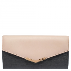 Pre Owned Fendi Grey/Pink Leather Envelope Continental Wallet