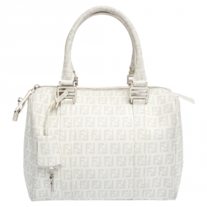 Pre Owned Fendi White Zucchino Coated Canvas Small Forever Bauletto Boston Bag