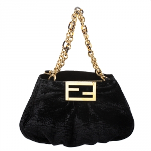 Pre Owned Fendi Black Velvet Small Mia Shoulder Bag