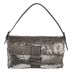Fendi Silver Beads, Metal and Snakeskin Baguette Bag